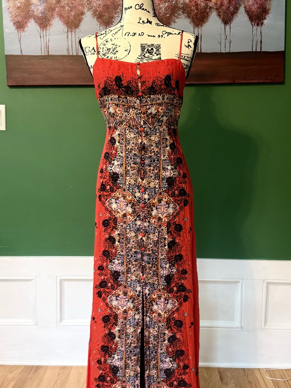 Free People  morning song Red Printed  maxi slip dress